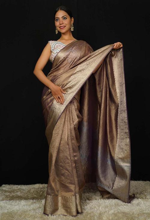 Wine Rusty Classy Crushed Tissue  With  jacquard  border Wrap in 1 minute saree