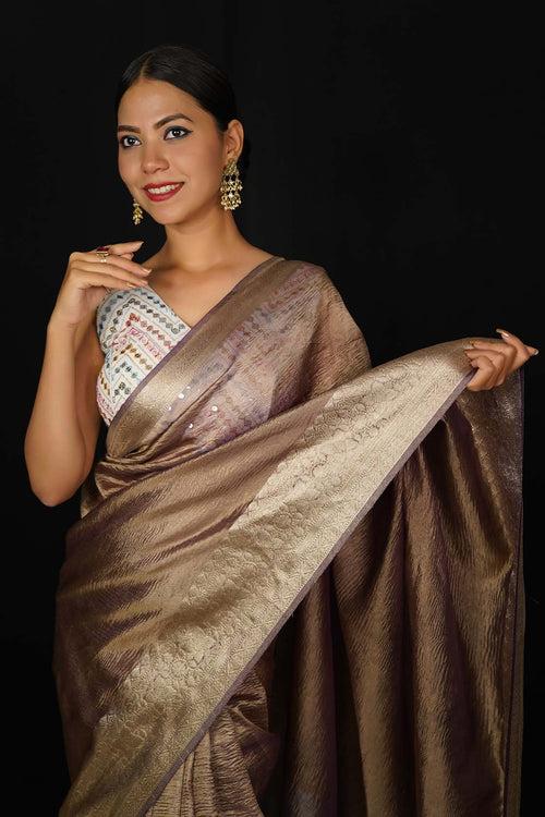 Wine Rusty Classy Crushed Tissue  With  jacquard  border Wrap in 1 minute saree