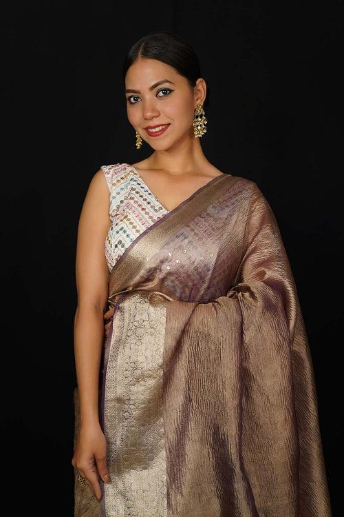 Wine Rusty Classy Crushed Tissue  With  jacquard  border Wrap in 1 minute saree