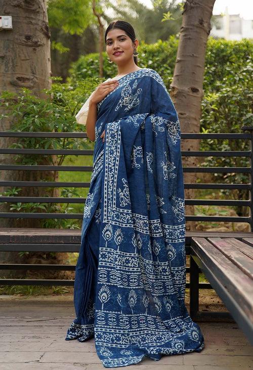 Ready to wear saree Indigo Handblock Print mulmul one minute saree