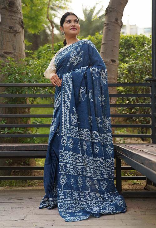 Ready to wear saree Indigo Handblock Print mulmul one minute saree