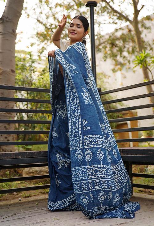 Ready to wear saree Indigo Handblock Print mulmul one minute saree