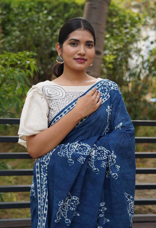 Ready to wear saree Indigo Handblock Print mulmul one minute saree