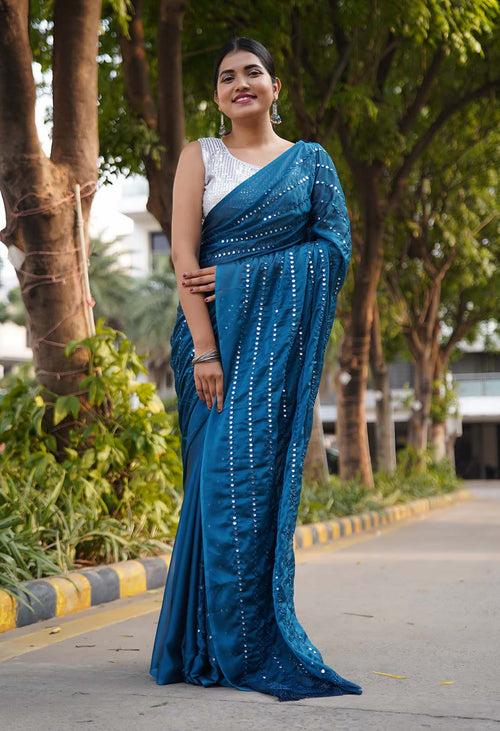 Ready To Wear Teal blue Mirror embellished over all on pallu and at bottom   Work Wrap in 1 minute saree