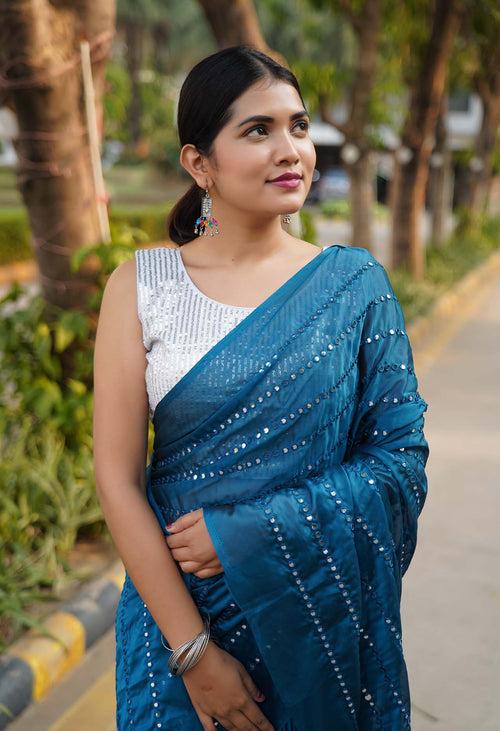 Ready To Wear Teal blue Mirror embellished over all on pallu and at bottom   Work Wrap in 1 minute saree