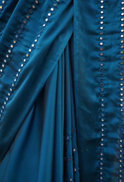 Ready To Wear Teal blue Mirror embellished over all on pallu and at bottom   Work Wrap in 1 minute saree