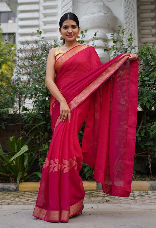 Pink Floral Woven Design Zari Detailed Pure Chiffon With Border Wrap in 1 minute saree