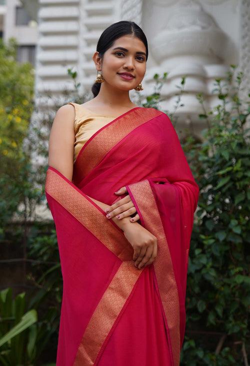 Pink Floral Woven Design Zari Detailed Pure Chiffon With Border Wrap in 1 minute saree