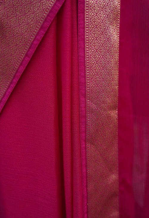 Pink Floral Woven Design Zari Detailed Pure Chiffon With Border Wrap in 1 minute saree