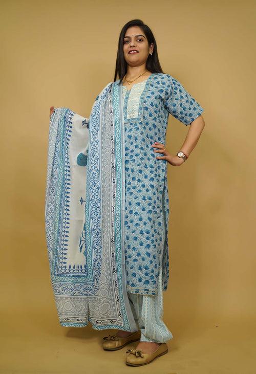 Cool On Summer Sky Blue Cotton With Beautiful  floral Block Print on kurti & dupatta