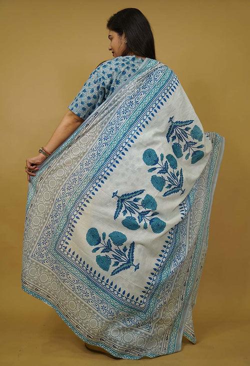 Cool On Summer Sky Blue Cotton With Beautiful  floral Block Print on kurti & dupatta