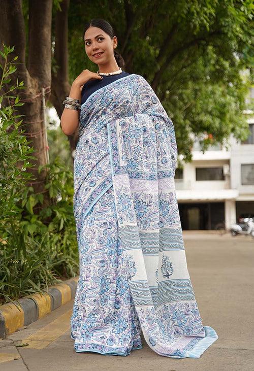 Beautiful outdoorsy feel jaipuri sanganeri mulmul ready made saree