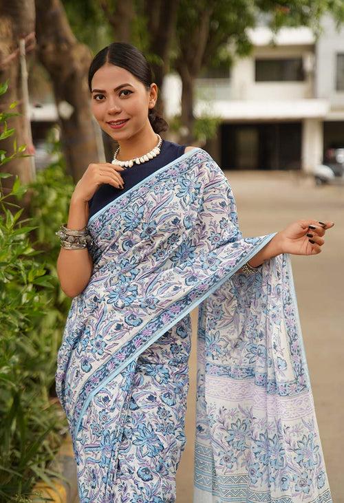 Beautiful outdoorsy feel jaipuri sanganeri mulmul ready made saree