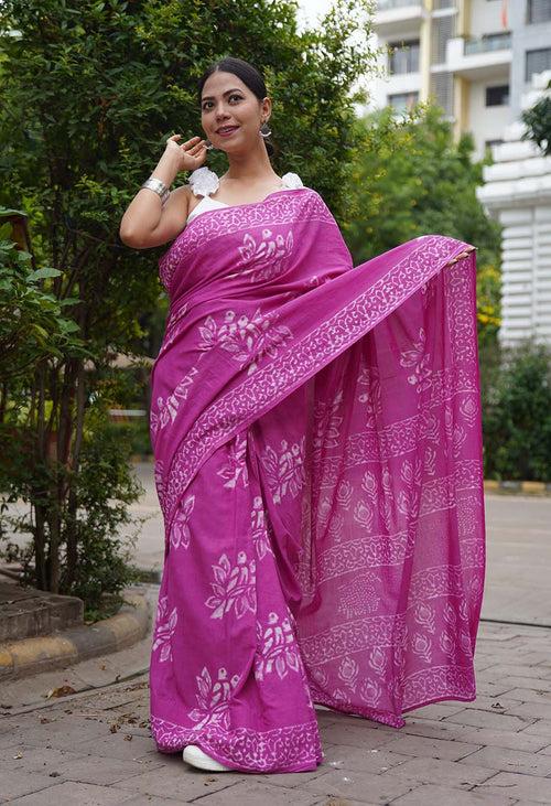 Pretty Pink Ready to Wear Saree in Handblock Print Mal mal saree