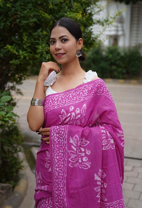 Pretty Pink Ready to Wear Saree in Handblock Print Mal mal saree