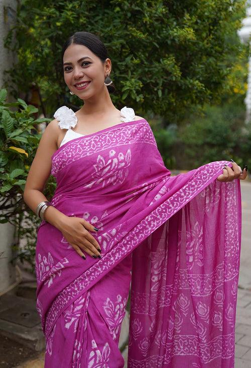 Pretty Pink Ready to Wear Saree in Handblock Print Mal mal saree