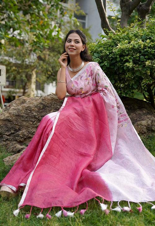 Beautiful Pink Handwoven Linen Handloom Intricate Combination of  Hand embroidered Ready To Wear Saree