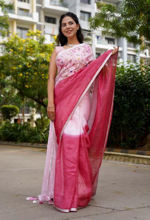 Beautiful Pink Handwoven Linen Handloom Intricate Combination of  Hand embroidered Ready To Wear Saree