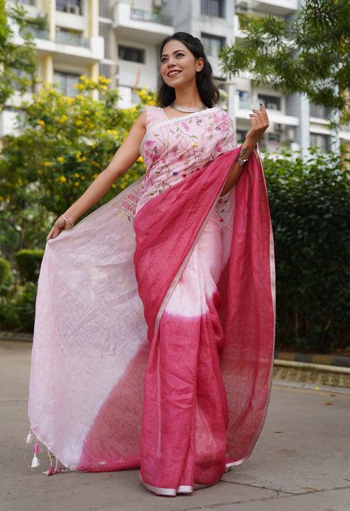 Beautiful Pink Handwoven Linen Handloom Intricate Combination of  Hand embroidered Ready To Wear Saree