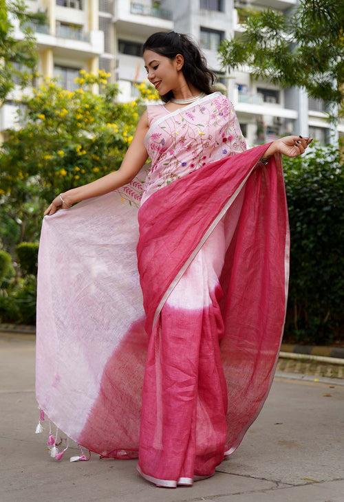 Beautiful Pink Handwoven Linen Handloom Intricate Combination of  Hand embroidered Ready To Wear Saree