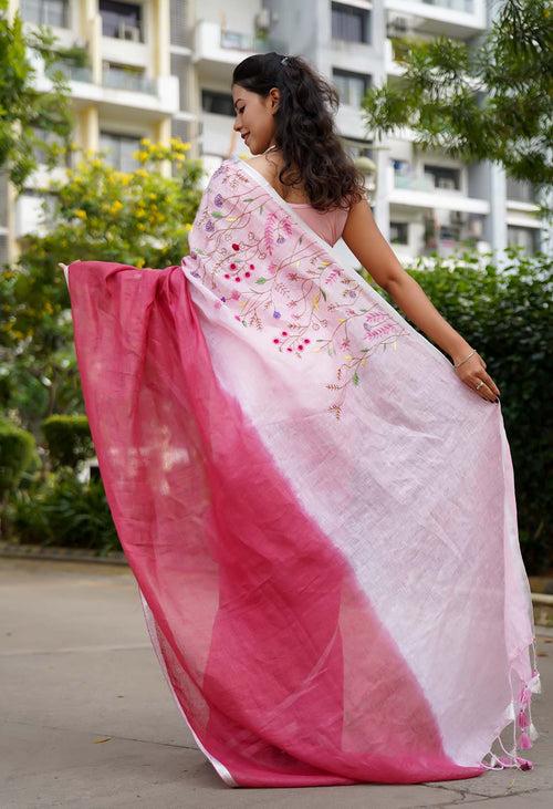 Beautiful Pink Handwoven Linen Handloom Intricate Combination of  Hand embroidered Ready To Wear Saree