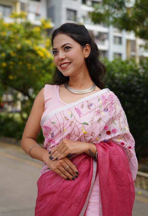 Beautiful Pink Handwoven Linen Handloom Intricate Combination of  Hand embroidered Ready To Wear Saree