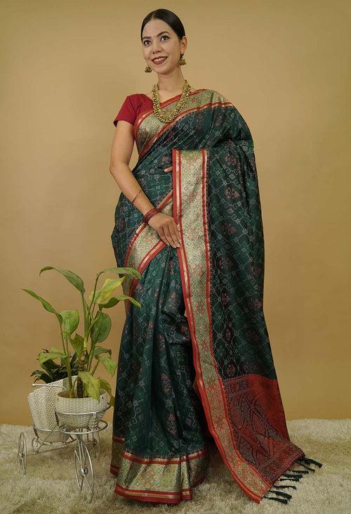 Green Kanjivaram Patola Silk Saree With Red &  Golden Zari Bordar Wrap in 1 minute Saree