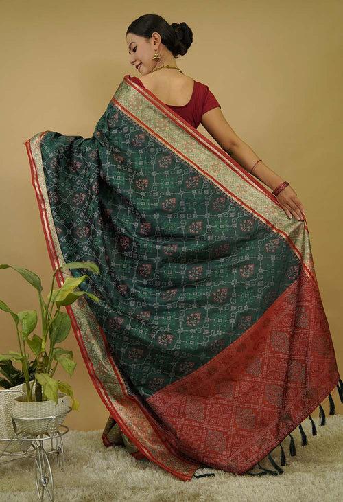 Green Kanjivaram Patola Silk Saree With Red &  Golden Zari Bordar Wrap in 1 minute Saree