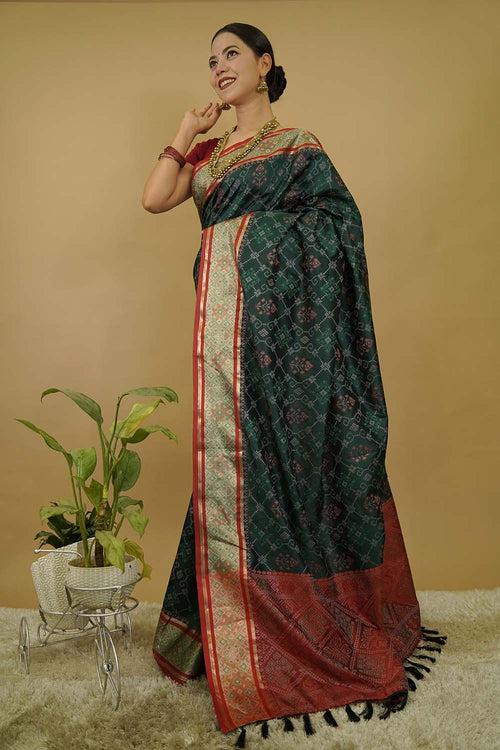 Green Kanjivaram Patola Silk Saree With Red &  Golden Zari Bordar Wrap in 1 minute Saree