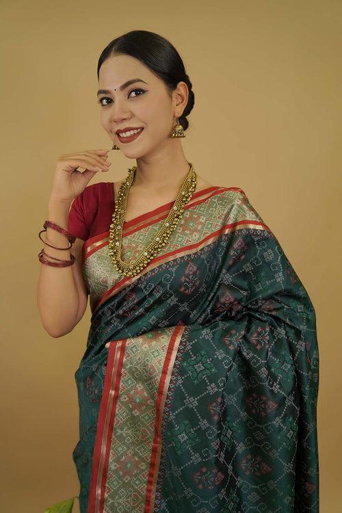 Green Kanjivaram Patola Silk Saree With Red &  Golden Zari Bordar Wrap in 1 minute Saree