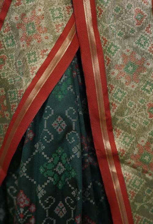 Green Kanjivaram Patola Silk Saree With Red &  Golden Zari Bordar Wrap in 1 minute Saree