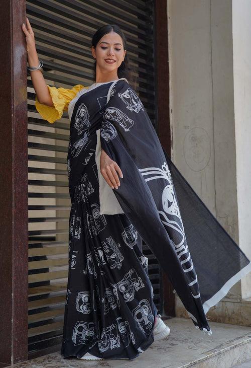 Black Handblock Tribal Art Jaipuri  pure Cotton Mul Mul Wrap in 1 minute saree