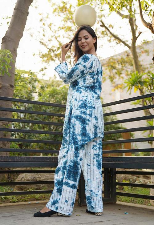 Summer Vibe Blue Shibori Dyed With Sequin Embellished Stylized Co-Ord set