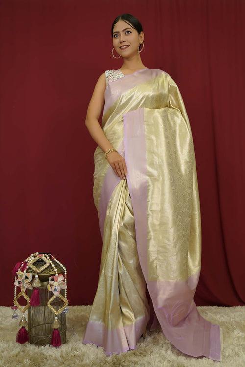 Traditional Styled Kanjeevaram Silk  Creme With pink Contrast Border & Paisley  Wrap In One Minute Saree