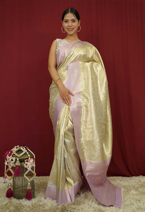 Traditional Styled Kanjeevaram Silk  Creme With pink Contrast Border & Paisley  Wrap In One Minute Saree