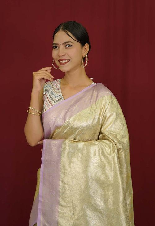 Traditional Styled Kanjeevaram Silk  Creme With pink Contrast Border & Paisley  Wrap In One Minute Saree