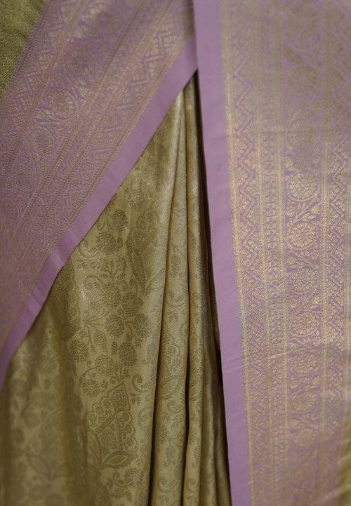 Traditional Styled Kanjeevaram Silk  Creme With pink Contrast Border & Paisley  Wrap In One Minute Saree