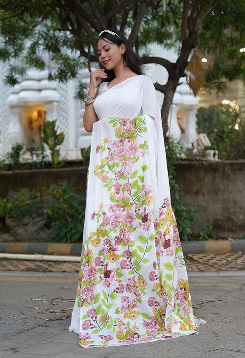 Light Weight Premium Floral Print & Pure Mul Mul Cotton Wrap In 1 Minute Saree