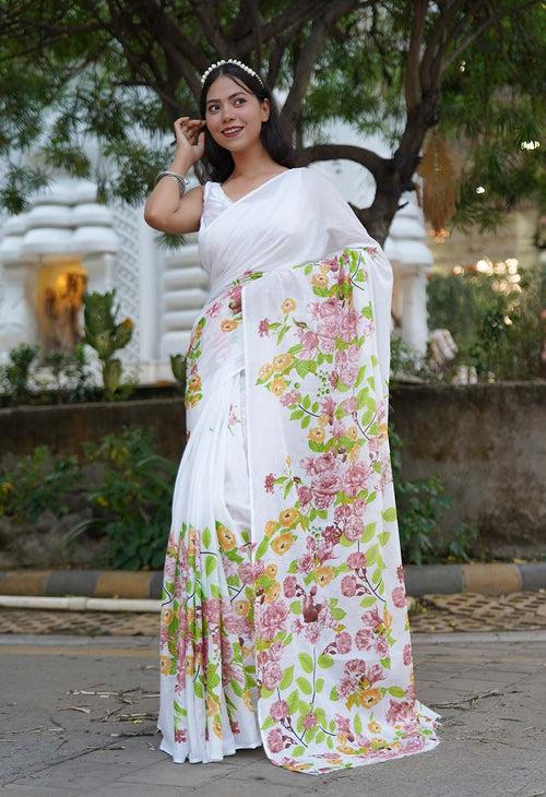 Light Weight Premium Floral Print & Pure Mul Mul Cotton Wrap In 1 Minute Saree