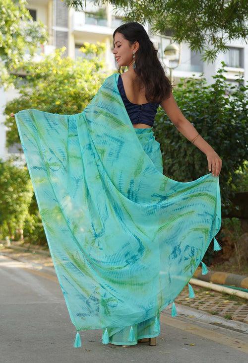 Beautiful Sea Green Soft On Skin Chiffon  With  Marble Print & Tassels on Pallu Wrap in 1 minute saree