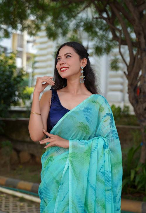 Beautiful Sea Green Soft On Skin Chiffon  With  Marble Print & Tassels on Pallu Wrap in 1 minute saree