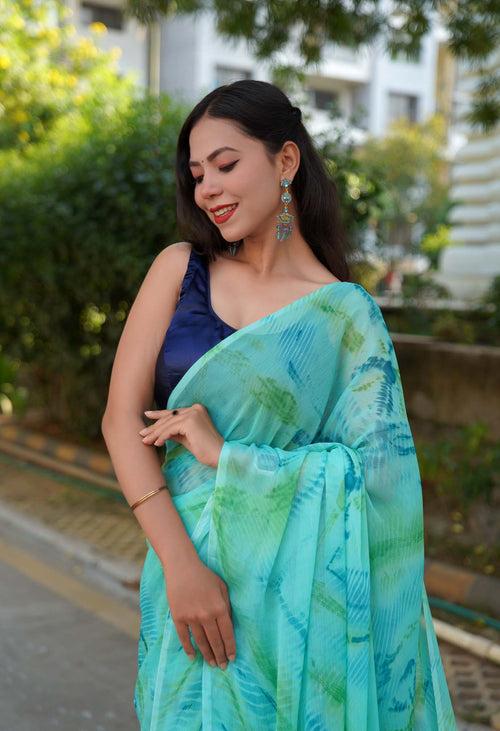 Beautiful Sea Green Soft On Skin Chiffon  With  Marble Print & Tassels on Pallu Wrap in 1 minute saree