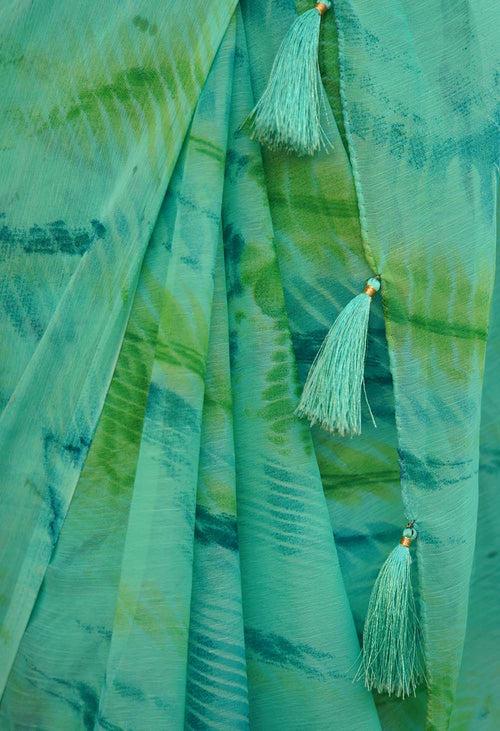 Beautiful Sea Green Soft On Skin Chiffon  With  Marble Print & Tassels on Pallu Wrap in 1 minute saree