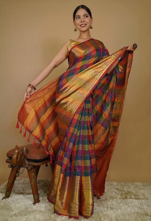 Ready to Wear Saree Kanjivaram with Ornate Pallu  Wrap in 1 minute Saree