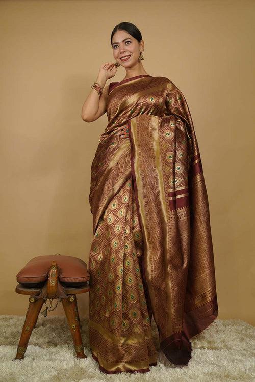 Wedding Rich look Banarasi Zari Woven With jacquard Paisley work Wrap in one minute saree