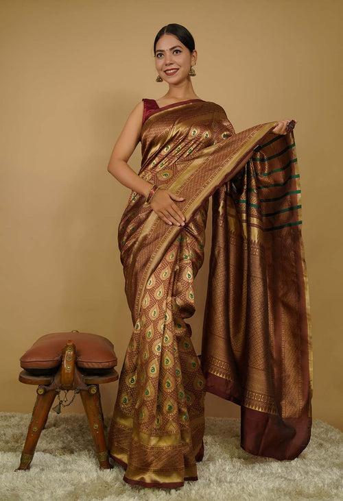 Wedding Rich look Banarasi Zari Woven With jacquard Paisley work Wrap in one minute saree