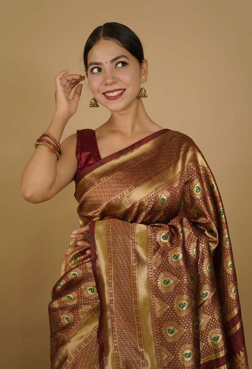 Wedding Rich look Banarasi Zari Woven With jacquard Paisley work Wrap in one minute saree