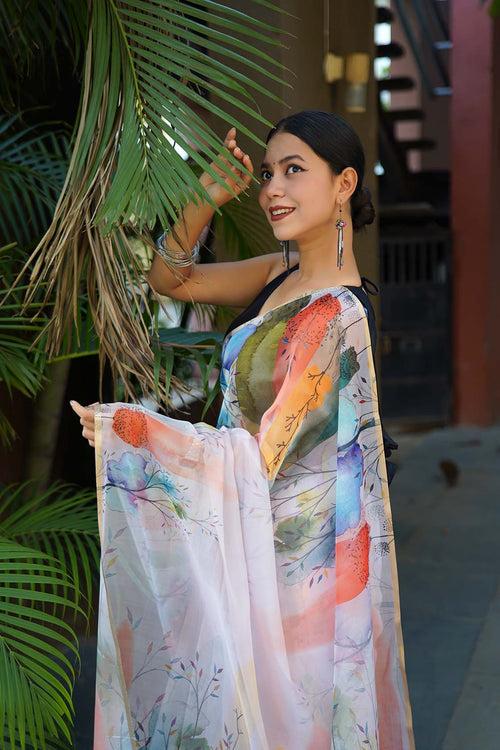 Sheer Floral Organza Beautiful Printed Wrap in 1 minute saree