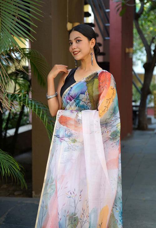 Sheer Floral Organza Beautiful Printed Wrap in 1 minute saree