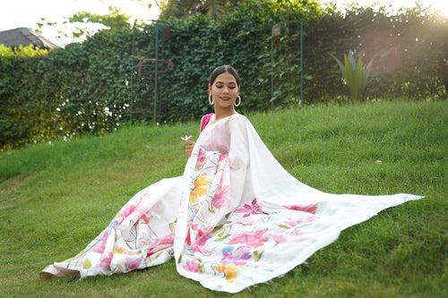 Light Weight Stylish Floral Print & Pure Mul Mul Cotton Wrap In 1 Minute Saree